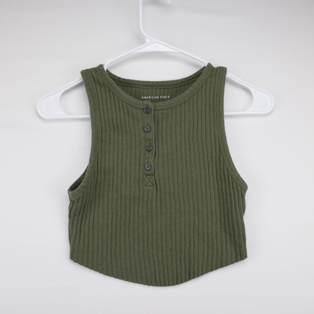 American Eagle Womens Small Ribbed Green Ultra Crop Tank Top Henley Button